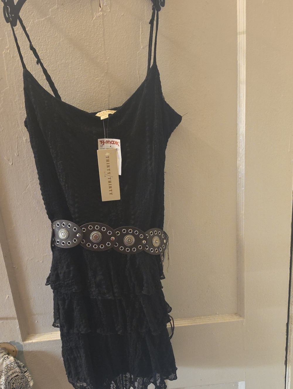 Black Tiered Lace Slip Dress with Decorative Belt